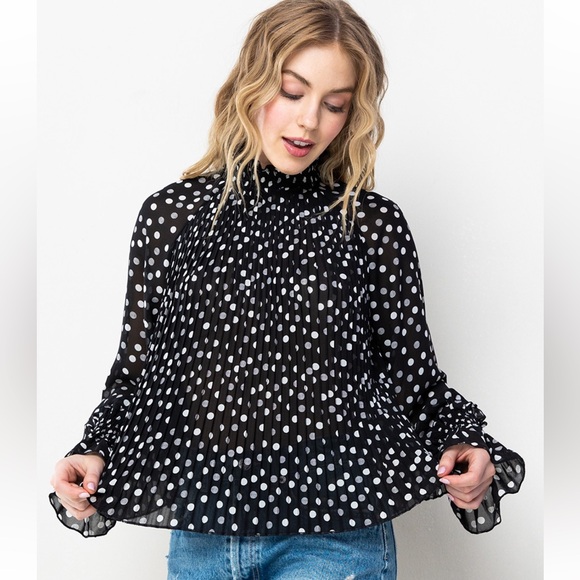 27 Polka Dot Pleated Long Sleeve Blouse Top - Picture 3 of 7